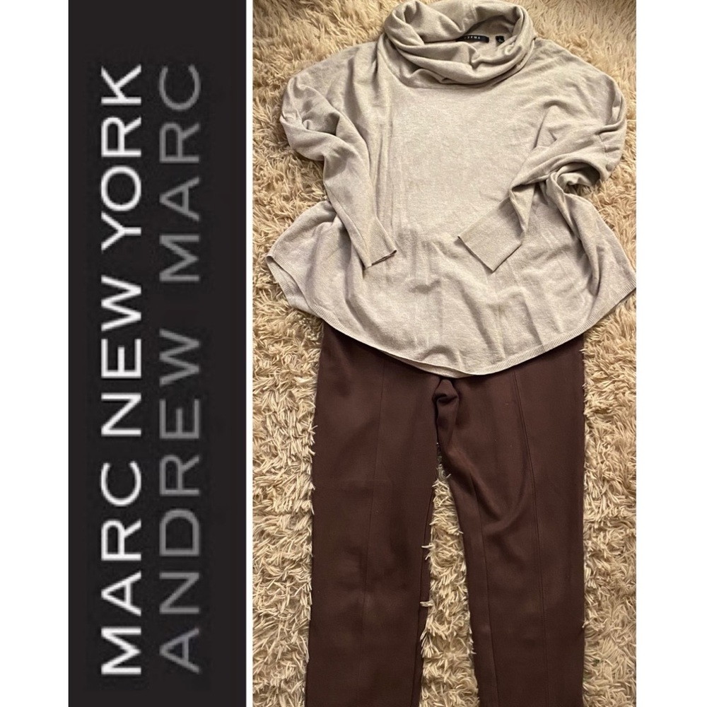 5/$30 Marc NY Andrew Marc Brown Pull-on Ankle Pants PL Cyrus OS Cowl Sweater L